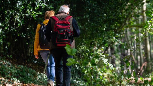 Randonneur dans un chemin du bocage de Coutances mer et bocage